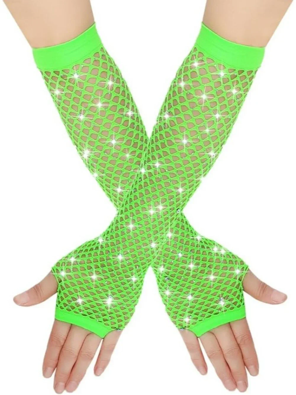 Women's Green Long Fishnet Fingerless Gloves Nylon Rhinestone 80s Party Cosplay